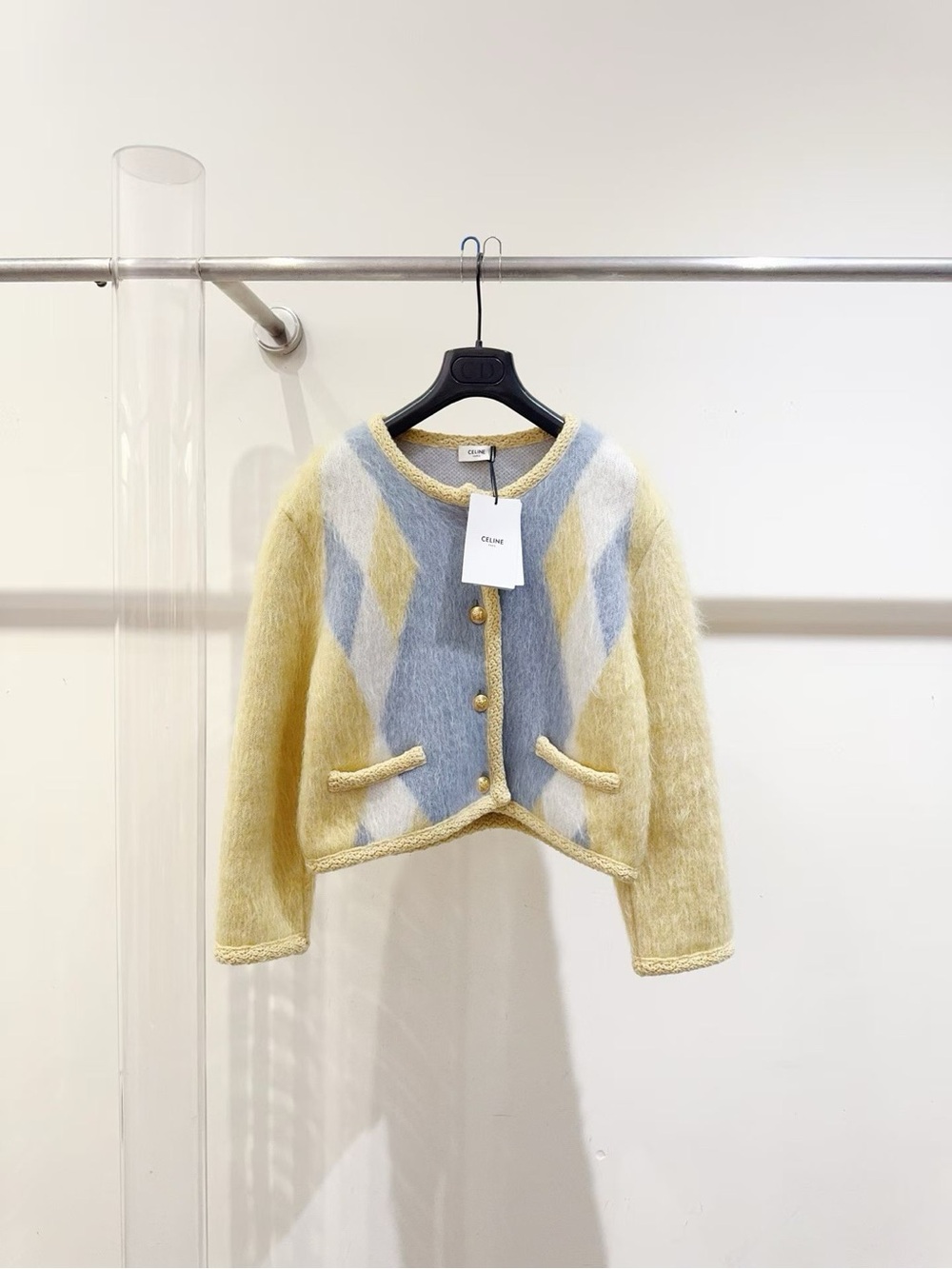 🚩steal Celine Yellow & Light Blue Mohair Cardigan